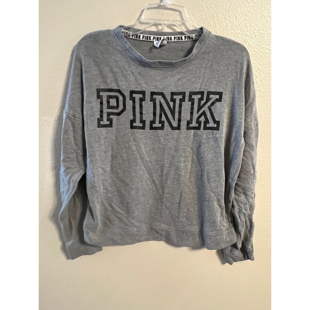 PINK Victoria's Secret Gray Crewneck Sweatshirt Long Sleeve Logo Tape Women's XS